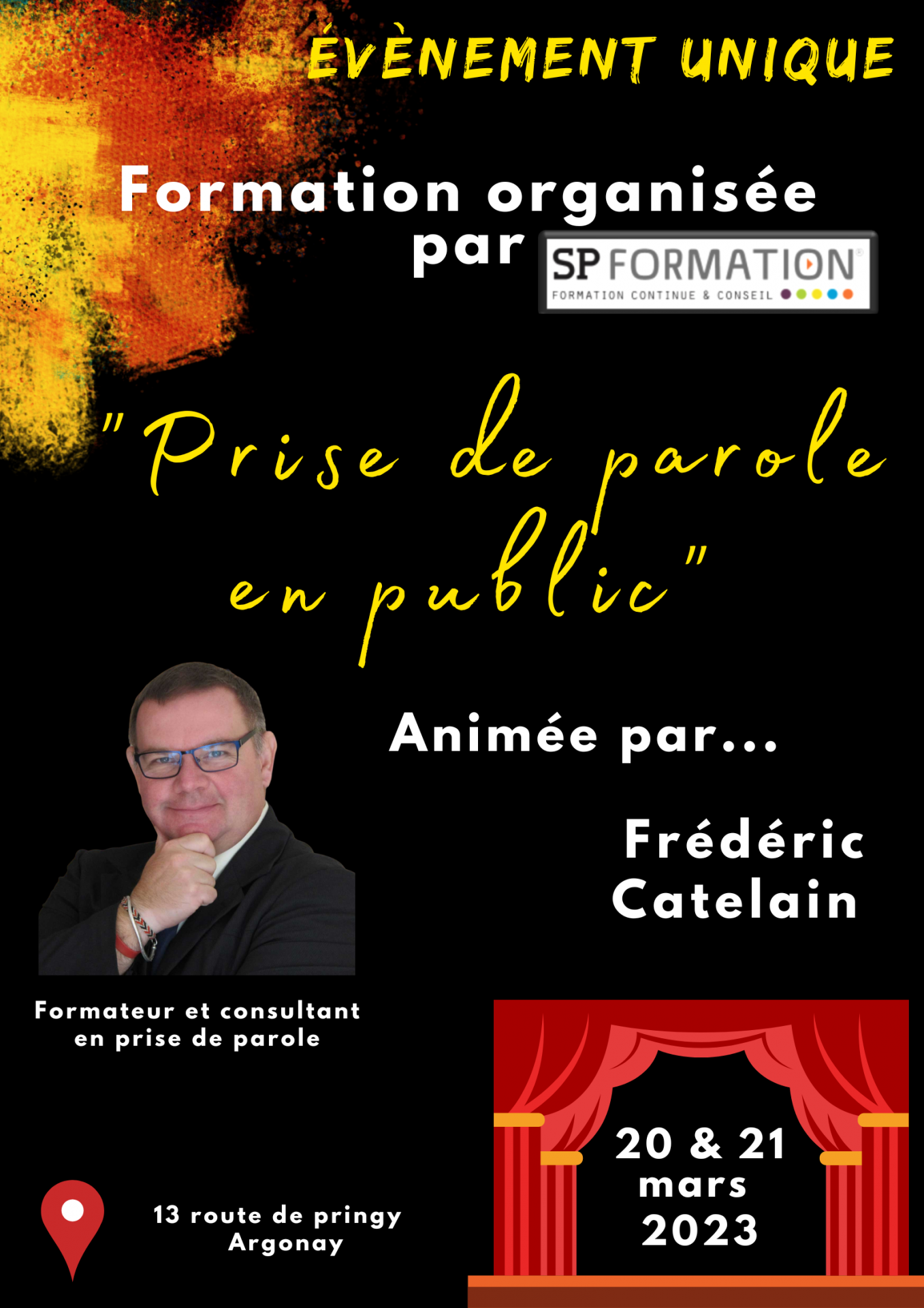 Affiche evenement frederic catelain prise de parole en public